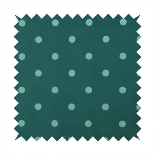 A dark teal or blue-green fabric pattern featuring evenly spaced pale green or off-white polka dots arranged in horizontal and vertical rows.