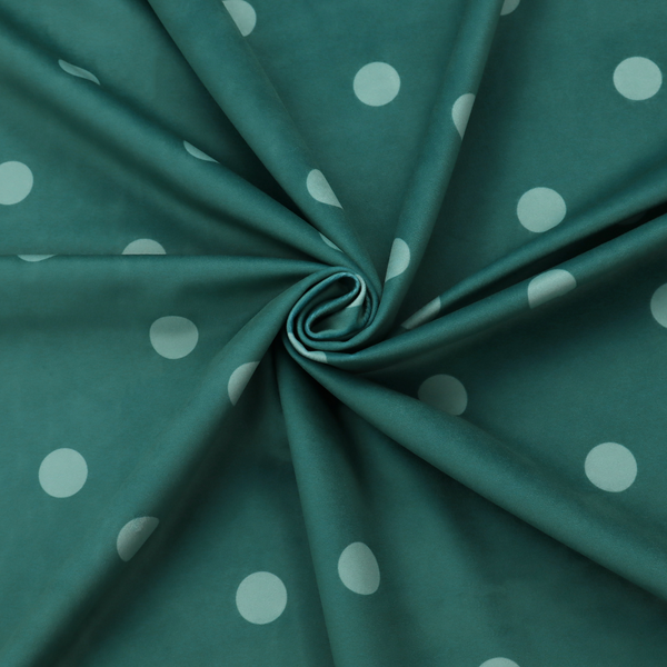 A dark teal or blue-green fabric pattern featuring evenly spaced pale green or off-white polka dots arranged in horizontal and vertical rows.