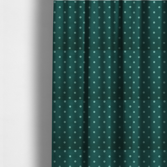 The fabric used to create these made-to-measure curtains is a dark teal or blue-green fabric pattern featuring evenly spaced pale green or off-white polka dots arranged in horizontal and vertical rows.