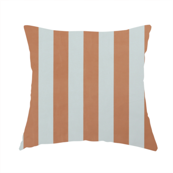 The fabric used to create this handmade cushion is a vertically striped fabric pattern featuring alternating bands of terracotta or warm brown and white.