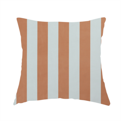 The fabric used to create this handmade cushion is a vertically striped fabric pattern featuring alternating bands of terracotta or warm brown and white.