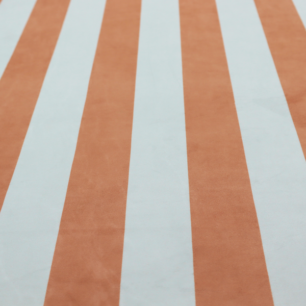 A vertically striped fabric pattern featuring alternating bands of terracotta or warm brown and white.