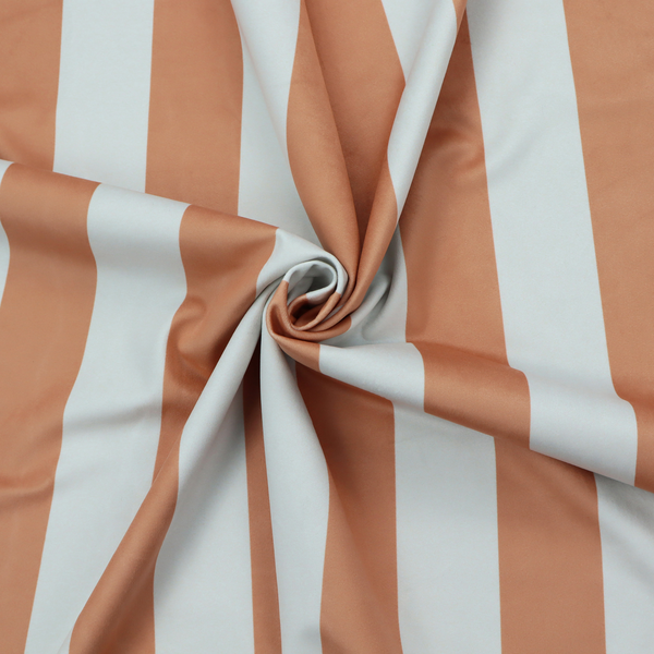 A vertically striped fabric pattern featuring alternating bands of terracotta or warm brown and white.