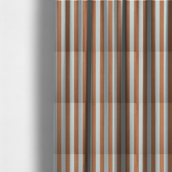 The fabric used to create these made-to-measure curtains is a vertically striped fabric pattern featuring alternating bands of terracotta or warm brown and white.