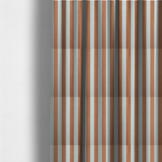 The fabric used to create these made-to-measure curtains is a vertically striped fabric pattern featuring alternating bands of terracotta or warm brown and white.