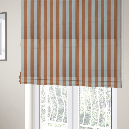 The fabric sued to create these Roman blinds is a vertically striped fabric pattern featuring alternating bands of terracotta or warm brown and white.