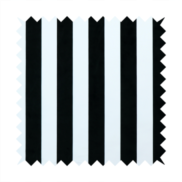 A vertically striped fabric pattern featuring alternating bands of black and white.