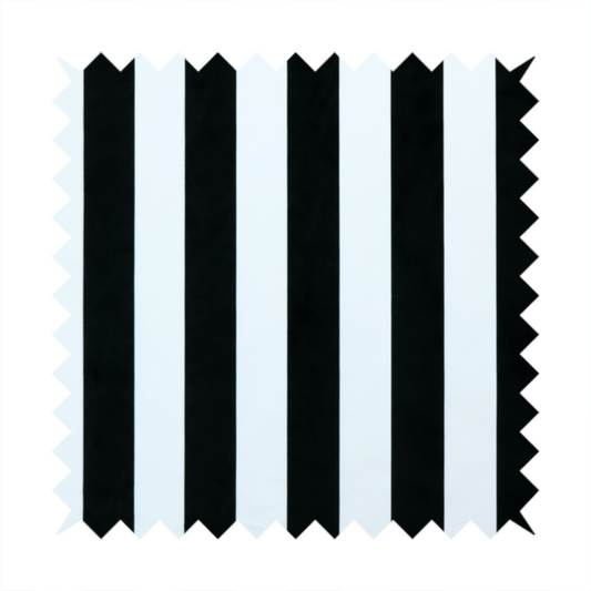 A vertically striped fabric pattern featuring alternating bands of black and white.