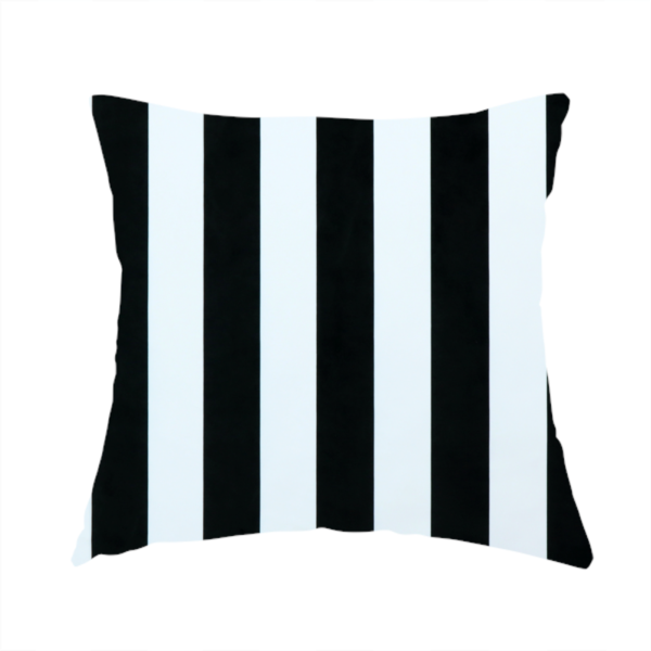 The fabric used to create this handmade cushion is a vertically striped fabric pattern featuring alternating bands of black and white.
