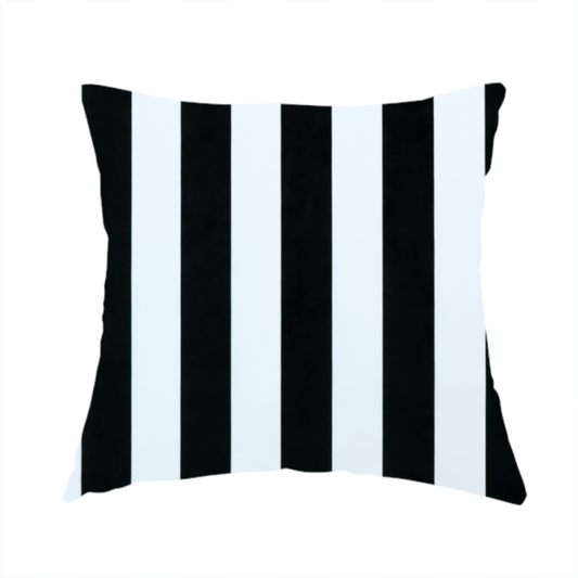 The fabric used to create this handmade cushion is a vertically striped fabric pattern featuring alternating bands of black and white.