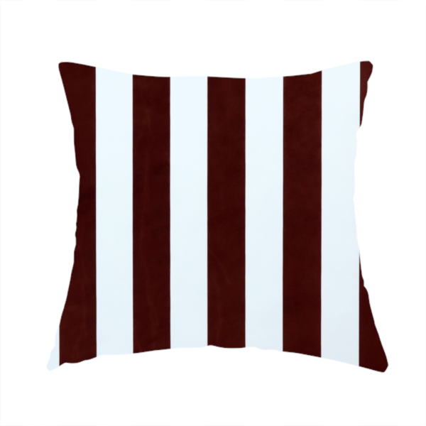 The fabric used to create this handmade cushion is a vertically striped fabric pattern featuring alternating bands of dark brown and white.