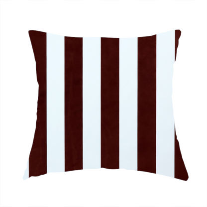 The fabric used to create this handmade cushion is a vertically striped fabric pattern featuring alternating bands of dark brown and white.
