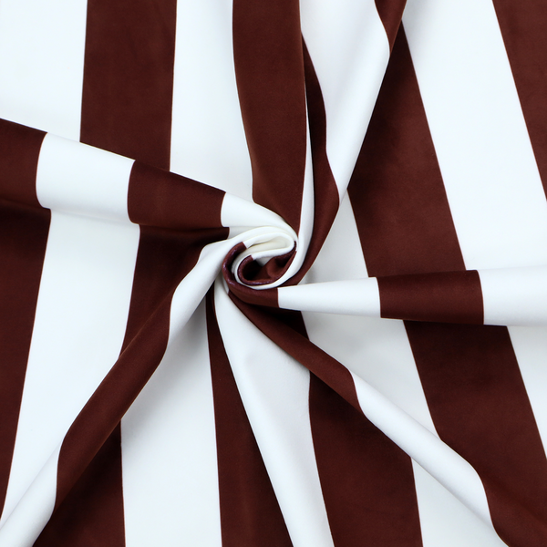 A vertically striped fabric pattern featuring alternating bands of dark brown and white.