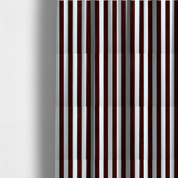 The fabric used to create these made-to-measure curtains is a vertically striped fabric pattern featuring alternating bands of dark brown and white.