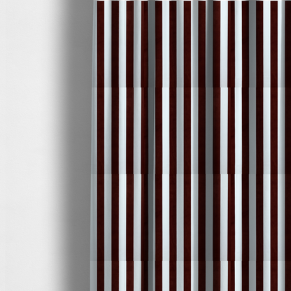 The fabric used to create these made-to-measure curtains is a vertically striped fabric pattern featuring alternating bands of dark brown and white.