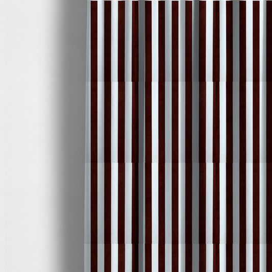 The fabric used to create these made-to-measure curtains is a vertically striped fabric pattern featuring alternating bands of dark brown and white.