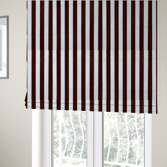 The fabric used to create these Roman blinds is a vertically striped fabric pattern featuring alternating bands of dark brown and white.