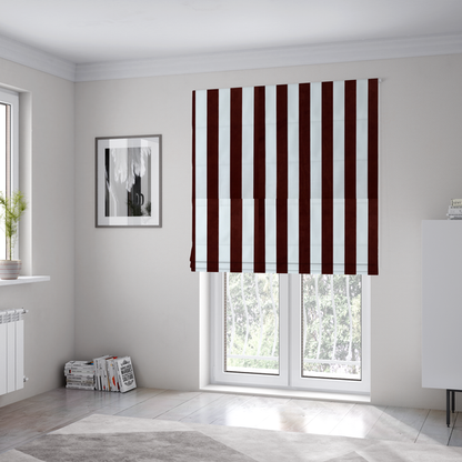 The fabric used to create these Roman blinds is a vertically striped fabric pattern featuring alternating bands of dark brown and white.