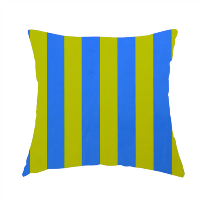 The fabric used to create this handmade cushion is a vertically striped fabric pattern featuring alternating bands of bright yellow and blue.