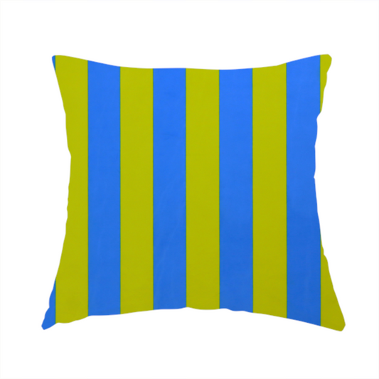The fabric used to create this handmade cushion is a vertically striped fabric pattern featuring alternating bands of bright yellow and blue.
