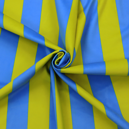 A vertically striped fabric pattern featuring alternating bands of bright yellow and blue.