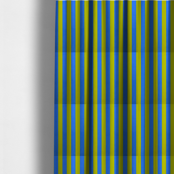 The fabric used to create these made-to-measure curtains is a vertically striped fabric pattern featuring alternating bands of bright yellow and blue.