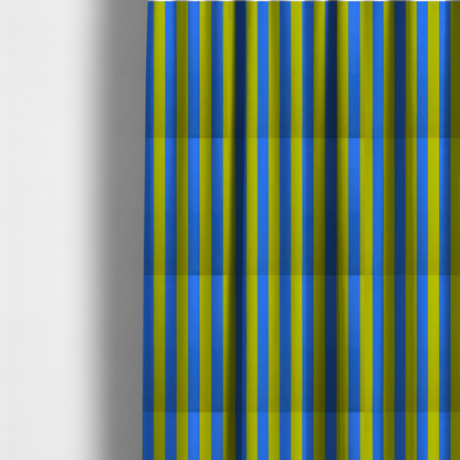 The fabric used to create these made-to-measure curtains is a vertically striped fabric pattern featuring alternating bands of bright yellow and blue.
