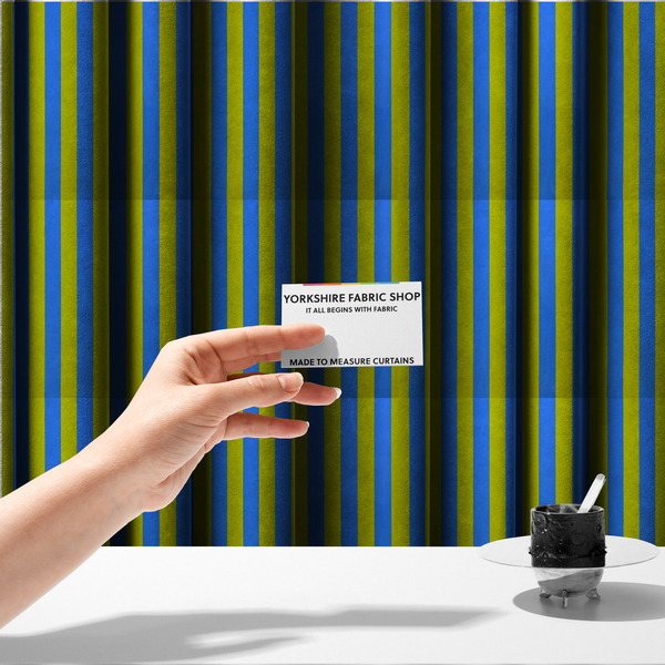 The fabric used to create these made-to-measure curtains is a vertically striped fabric pattern featuring alternating bands of bright yellow and blue.