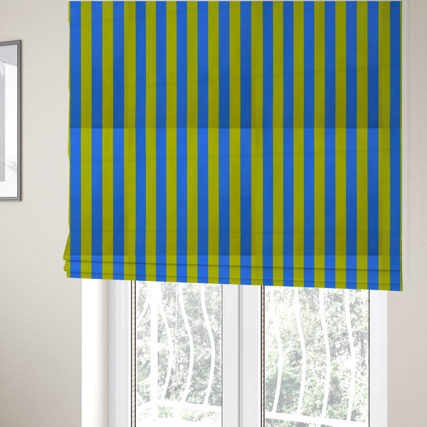 The fabric used to create these Roman blinds is a vertically striped fabric pattern featuring alternating bands of bright yellow and blue.