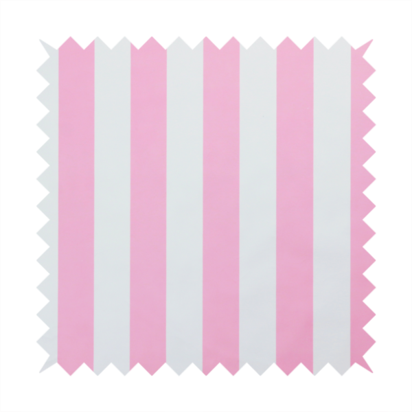 A vertically striped fabric pattern featuring alternating bands of pink and white.