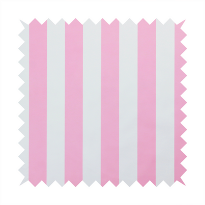 A vertically striped fabric pattern featuring alternating bands of pink and white.