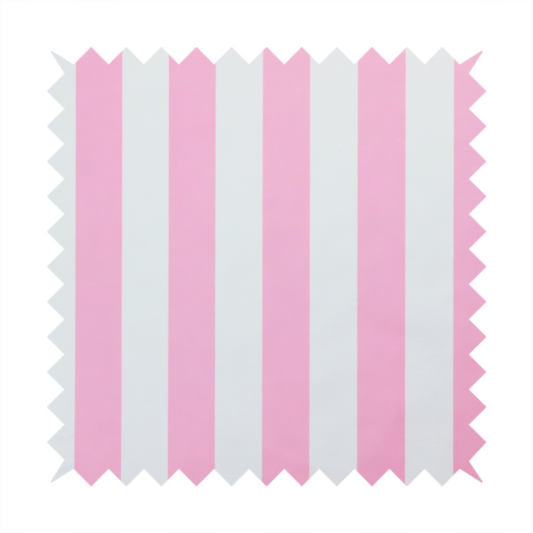 A vertically striped fabric pattern featuring alternating bands of pink and white.