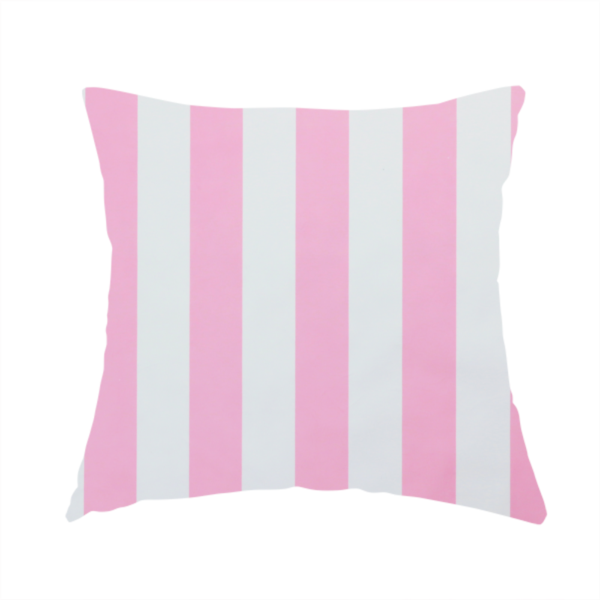 The fabric used to create this handmade cushion is a vertically striped fabric pattern featuring alternating bands of pink and white.