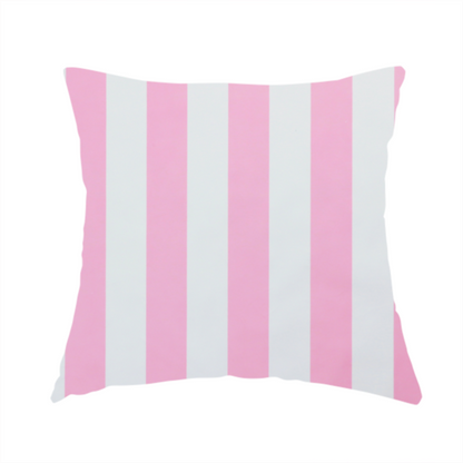 The fabric used to create this handmade cushion is a vertically striped fabric pattern featuring alternating bands of pink and white.