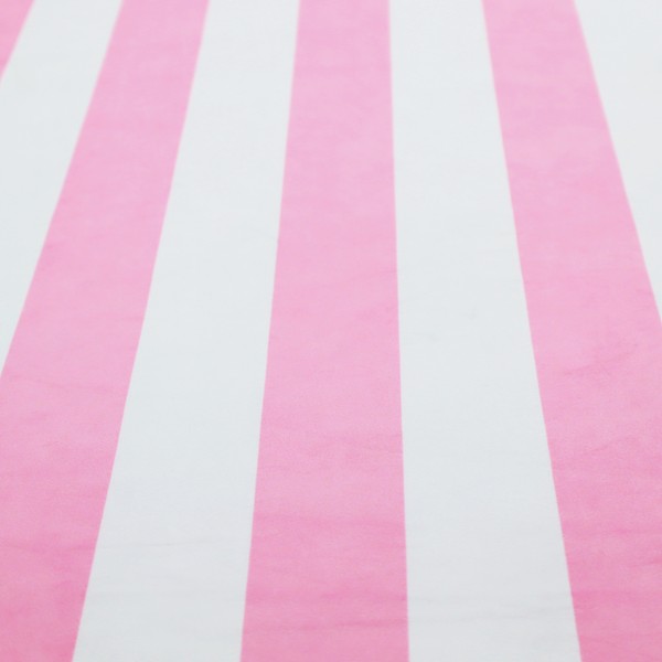 A vertically striped fabric pattern featuring alternating bands of pink and white.