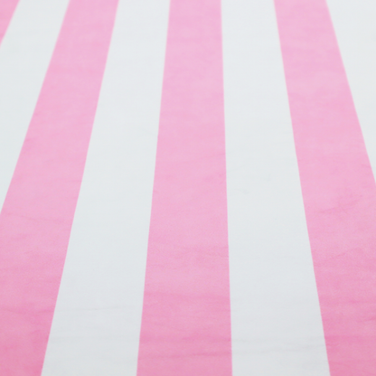 A vertically striped fabric pattern featuring alternating bands of pink and white.