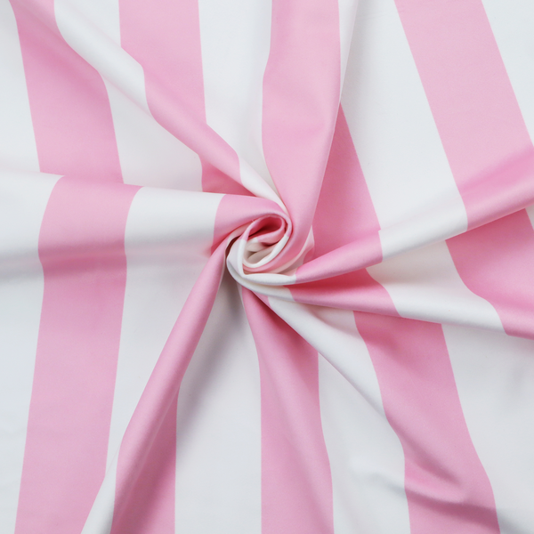 A vertically striped fabric pattern featuring alternating bands of pink and white.