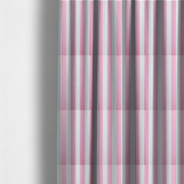 The fabric used to create these made-to-measure curtains is a vertically striped fabric pattern featuring alternating bands of pink and white.