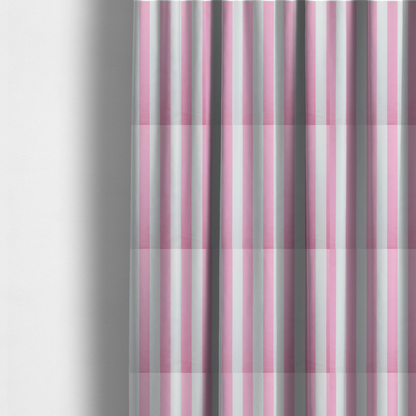 The fabric used to create these made-to-measure curtains is a vertically striped fabric pattern featuring alternating bands of pink and white.