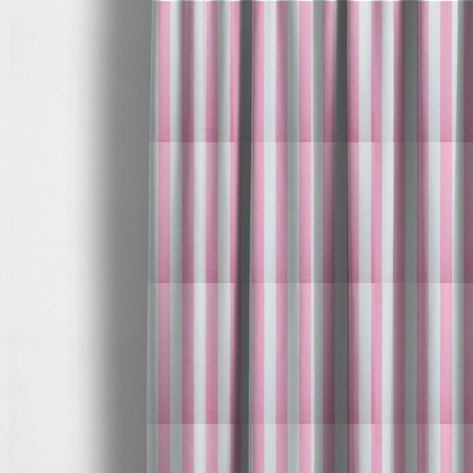 The fabric used to create these made-to-measure curtains is a vertically striped fabric pattern featuring alternating bands of pink and white.