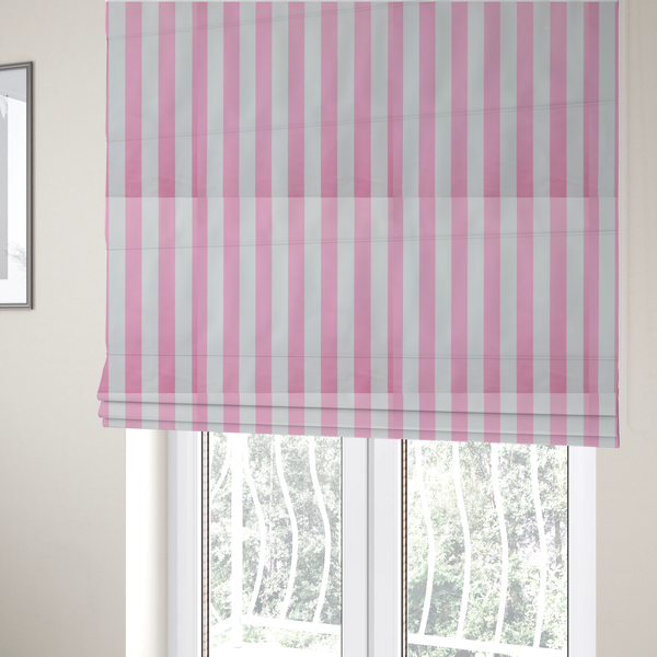 The fabric used to create these Roman blinds is a vertically striped fabric pattern featuring alternating bands of pink and white.