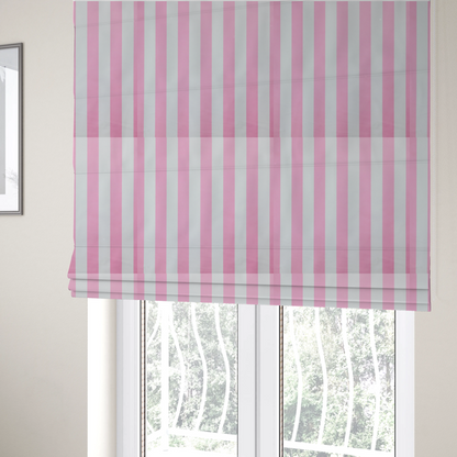 The fabric used to create these Roman blinds is a vertically striped fabric pattern featuring alternating bands of pink and white.