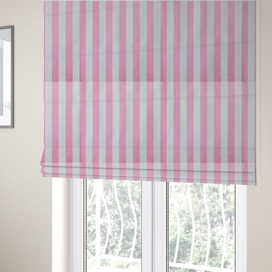 The fabric used to create these Roman blinds is a vertically striped fabric pattern featuring alternating bands of pink and white.