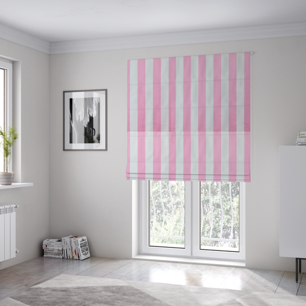 The fabric used to create these Roman blinds is a vertically striped fabric pattern featuring alternating bands of pink and white.