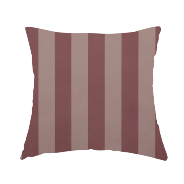 The fabric used to create this handmade cushion is a vertically striped fabric pattern featuring alternating bands of dark dusty rose or mauve and a lighter tone.