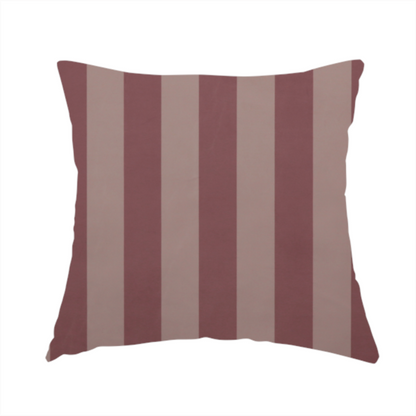 The fabric used to create this handmade cushion is a vertically striped fabric pattern featuring alternating bands of dark dusty rose or mauve and a lighter tone.