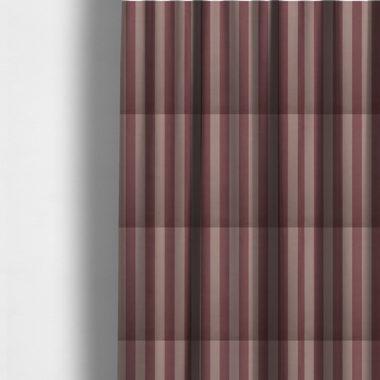 The fabric used to create these made-to-measure curtains is a vertically striped fabric pattern featuring alternating bands of dark dusty rose or mauve and a lighter tone.
