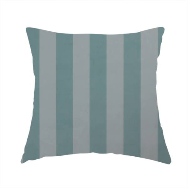 The fabric used to create this handmade cushion is a vertically striped fabric pattern featuring alternating bands of soft blue-green or teal and white.