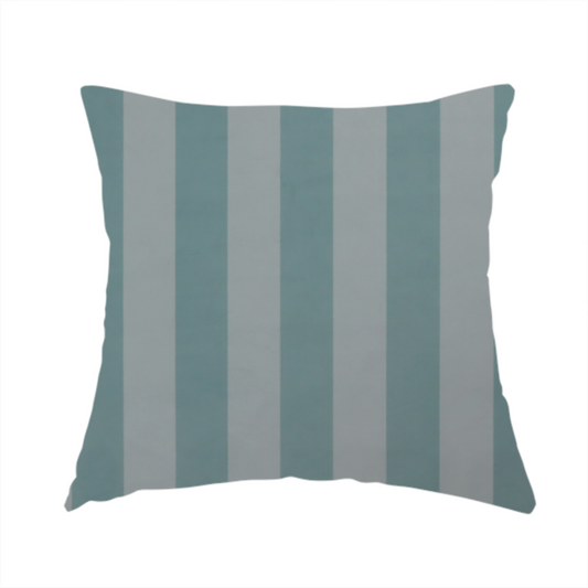 The fabric used to create this handmade cushion is a vertically striped fabric pattern featuring alternating bands of soft blue-green or teal and white.