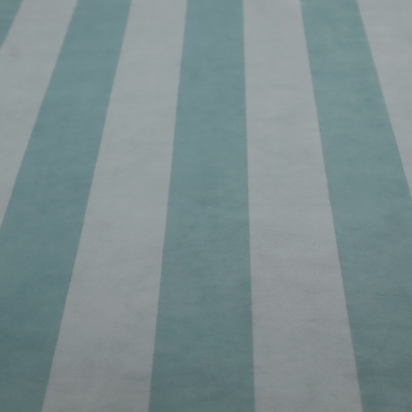 A vertically striped fabric pattern featuring alternating bands of soft blue-green or teal and white.